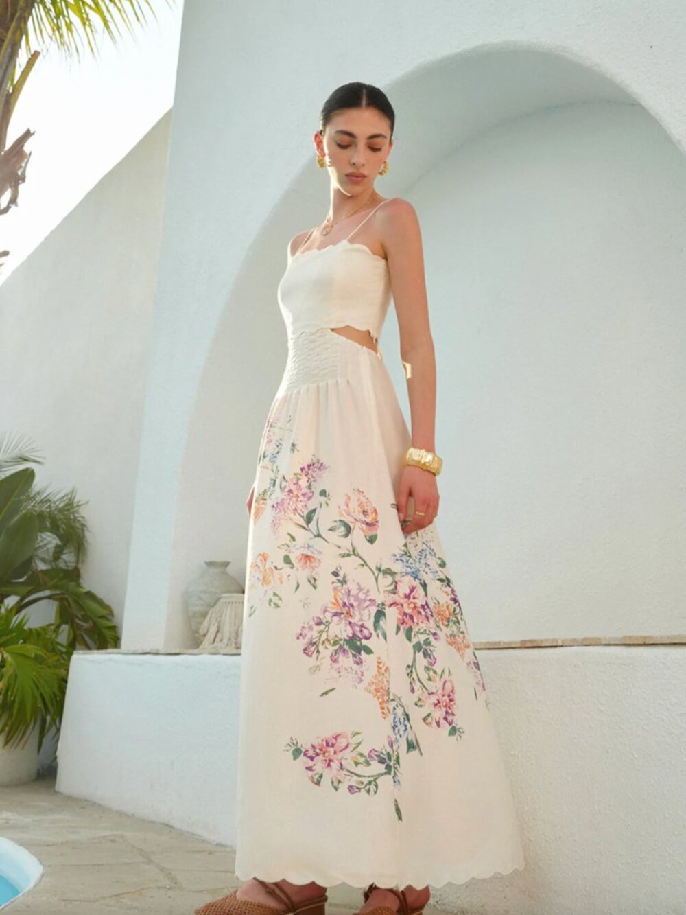 Commense Floral Print Lace-Up Back Sleeveless Dress